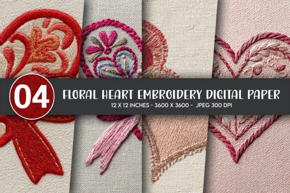 Download Floral Heart Embroidery Digital Paper - Heart Collection