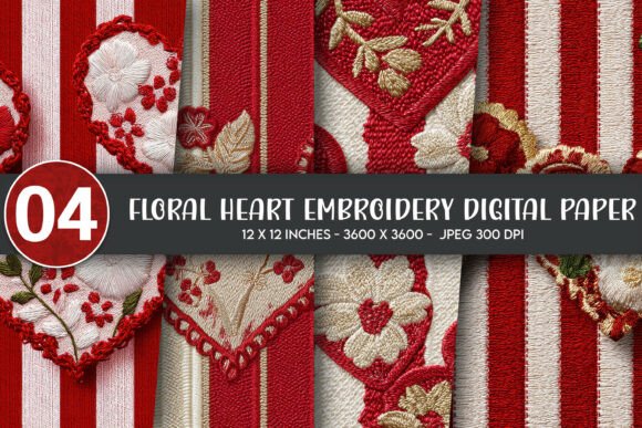 Download Floral Heart Embroidery Digital Paper - Heart Collection