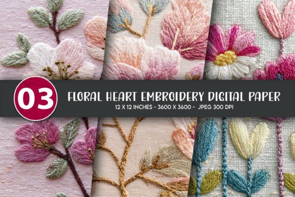Download Floral Heart Embroidery Digital Paper - Heart Collection