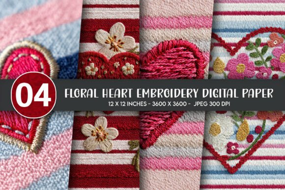 Download Floral Heart Embroidery Digital Paper - Heart Collection